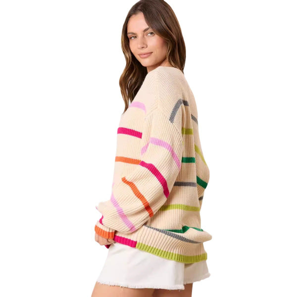 Contrast Stripe Round Neck Sweater | Long Sleeve Knit Top