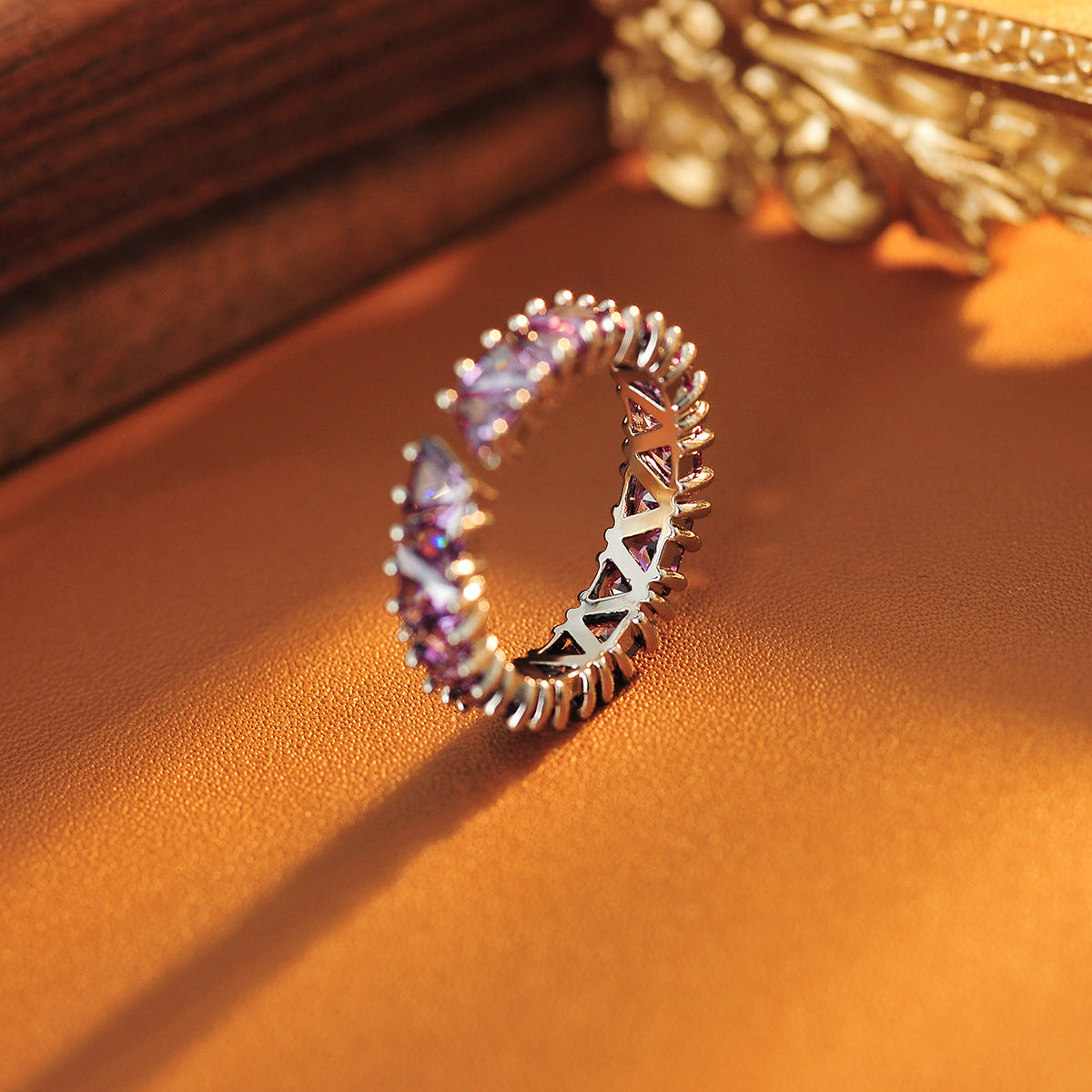 Purple Zircon Row Ring | Adjustable Open Ring for Women