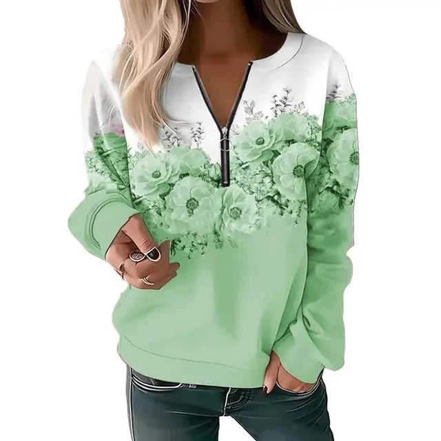 Women's Zipper Pullover Sweatshirt | Casual Printed Sweater
