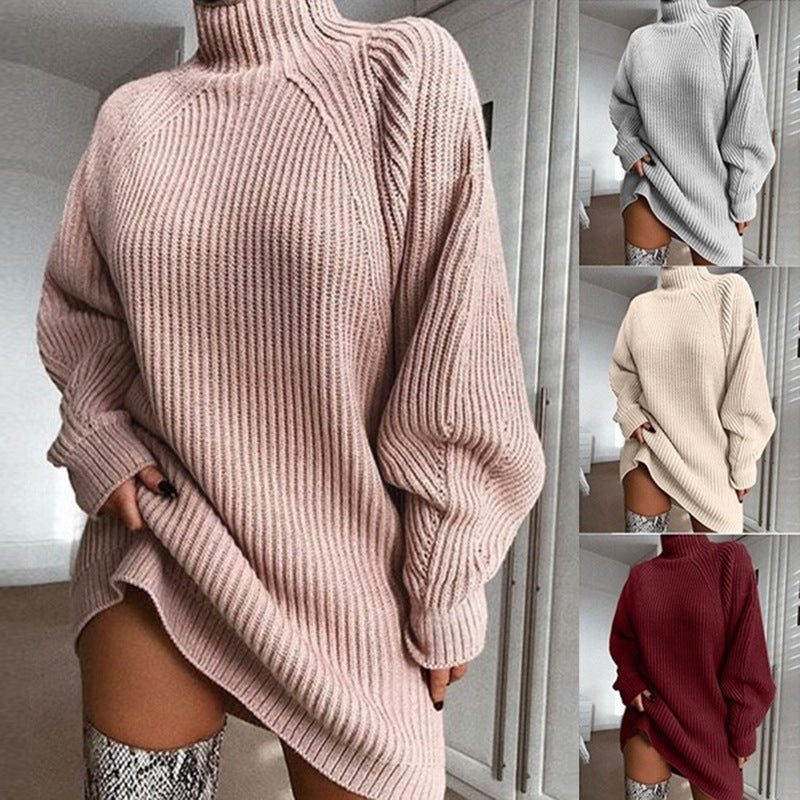 Solid Turtleneck Sweater Dress | Long Winter Warm Knit Dress