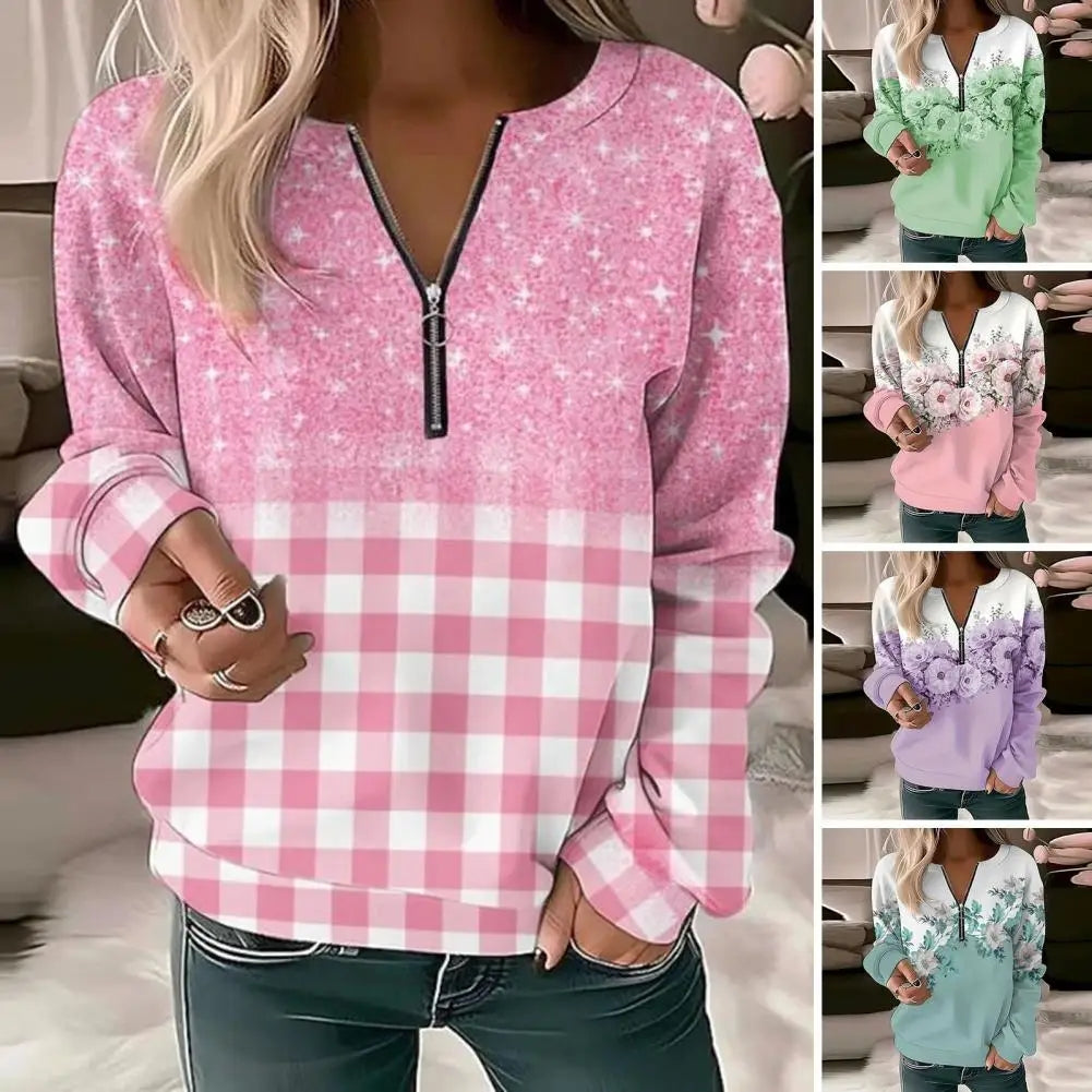 Women's Zipper Pullover Sweatshirt | Casual Printed Sweater