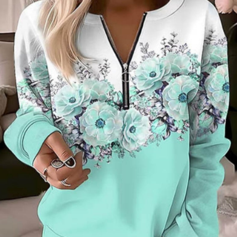 Women's Zipper Pullover Sweatshirt | Casual Printed Sweater