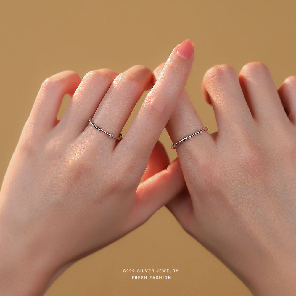 S999 Sterling Silver Bamboo Couple Rings | 2-Piece Adjustable Set