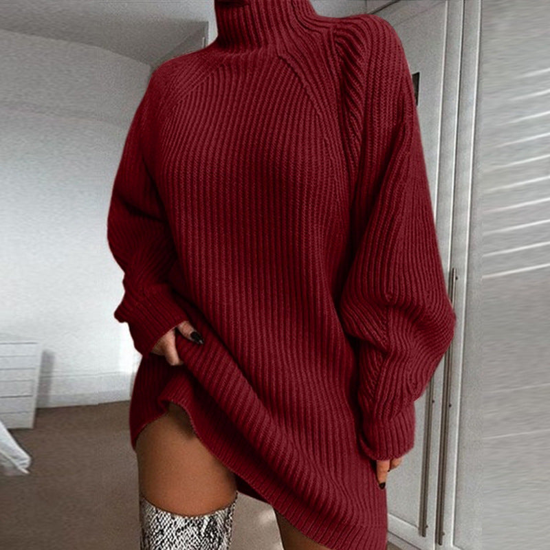 Solid Turtleneck Sweater Dress | Long Winter Warm Knit Dress