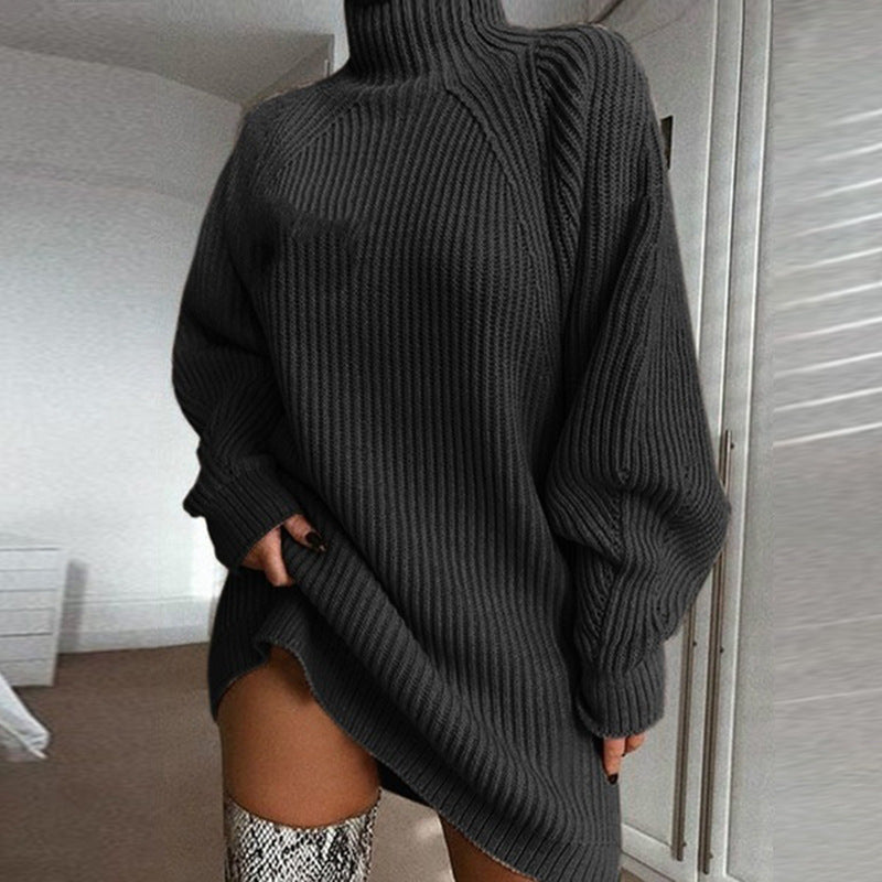 Solid Turtleneck Sweater Dress | Long Winter Warm Knit Dress