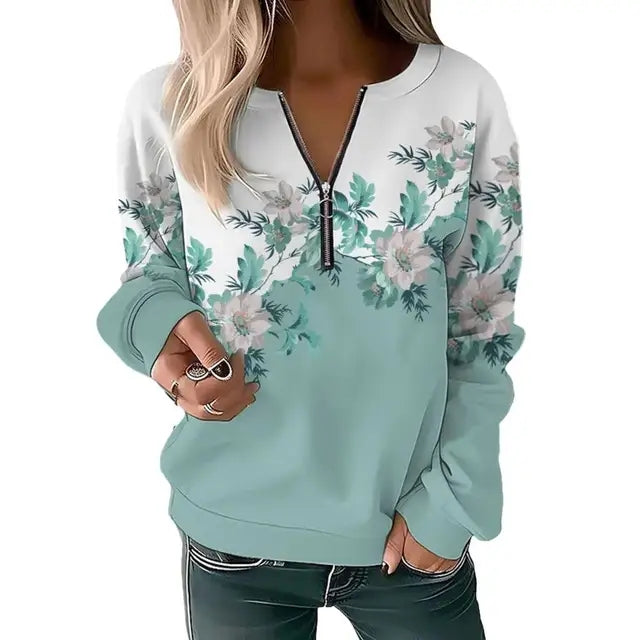 Women's Zipper Pullover Sweatshirt | Casual Printed Sweater