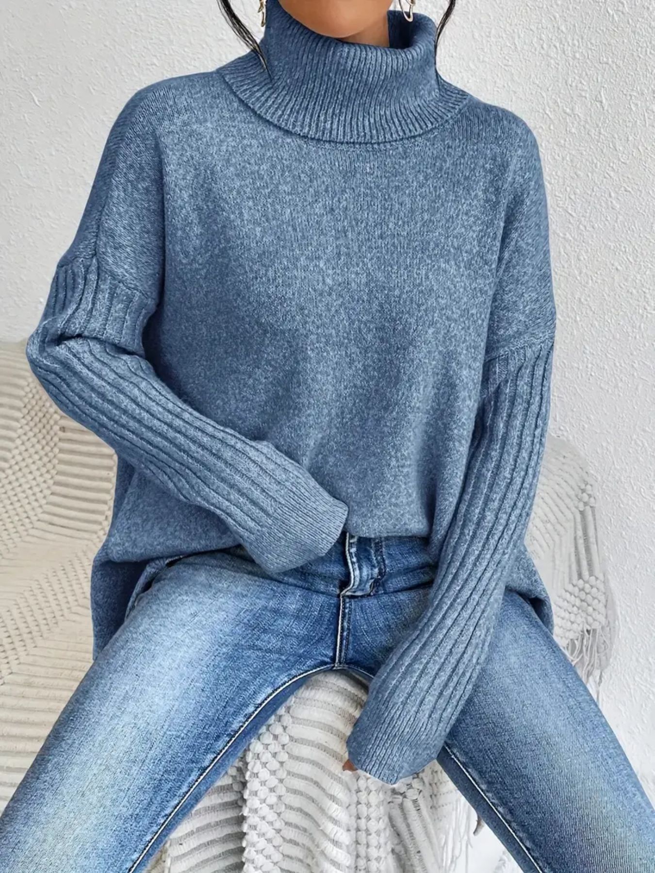 Irregular Turtleneck Sweater | Loose Knit Winter Pullover
