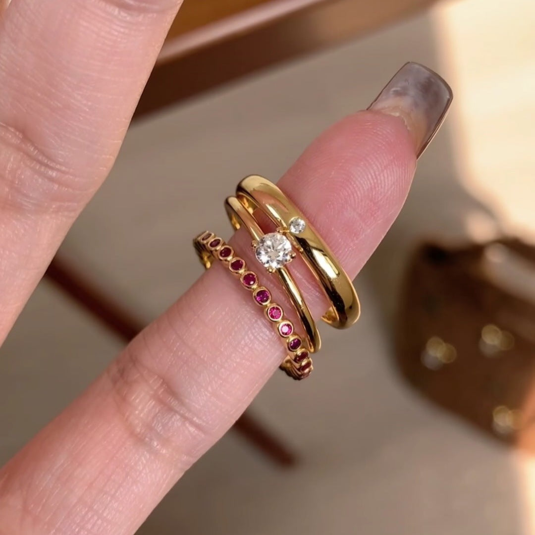 Fine Red Diamond Dot Gold Ring | Plain Band with Red Accent
