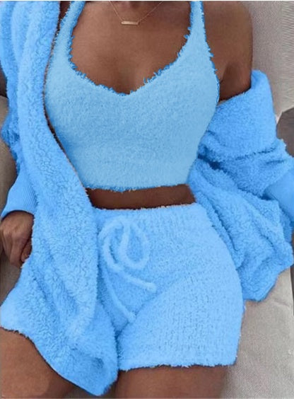 3 Piece Crop Top & Shorts Pajama Set | Long Sleeve + Tank + Shorts