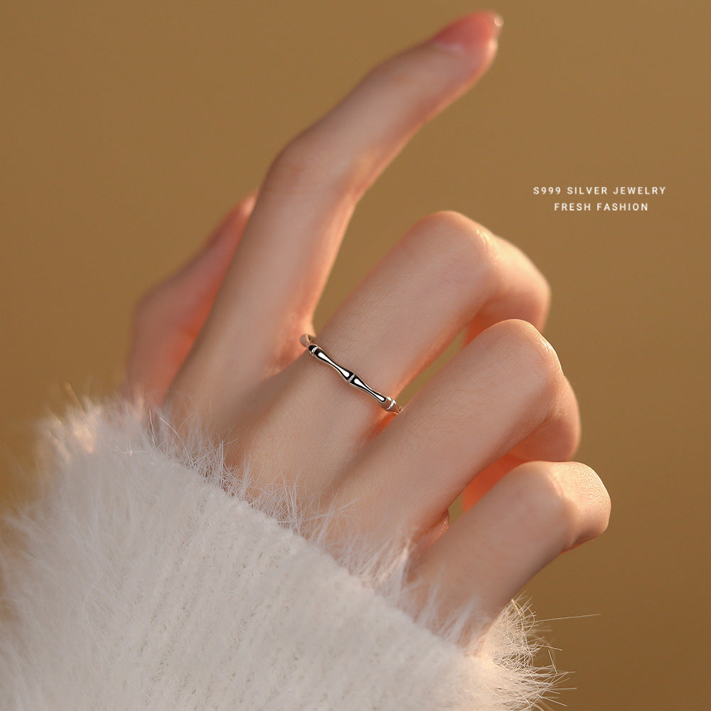 S999 Sterling Silver Bamboo Couple Rings | 2-Piece Adjustable Set