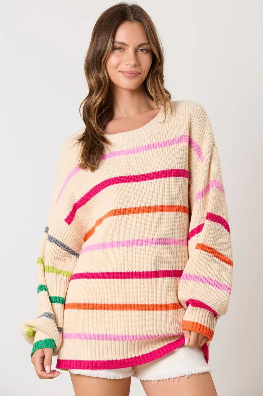 Contrast Stripe Round Neck Sweater | Long Sleeve Knit Top
