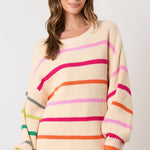 Contrast Stripe Round Neck Sweater | Long Sleeve Knit Top