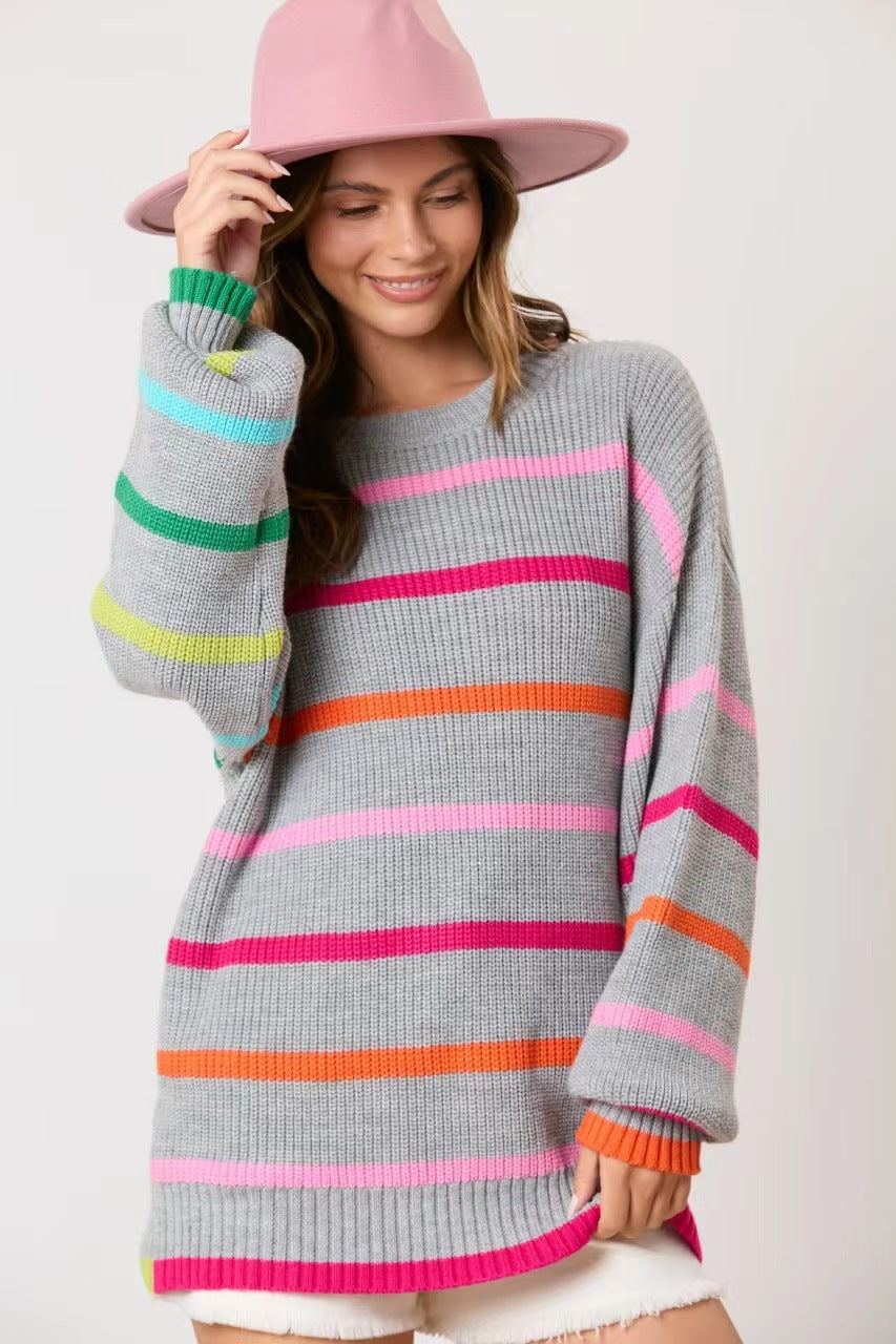 Contrast Stripe Round Neck Sweater | Long Sleeve Knit Top