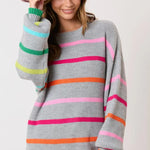 Contrast Stripe Round Neck Sweater | Long Sleeve Knit Top