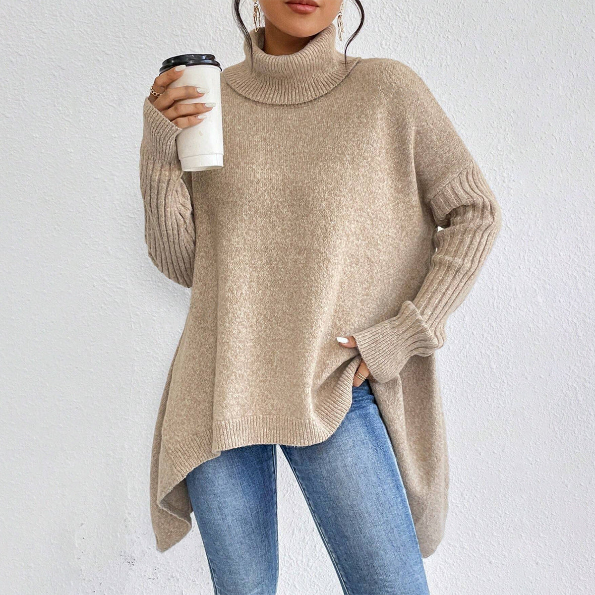 Irregular Turtleneck Sweater | Loose Knit Winter Pullover