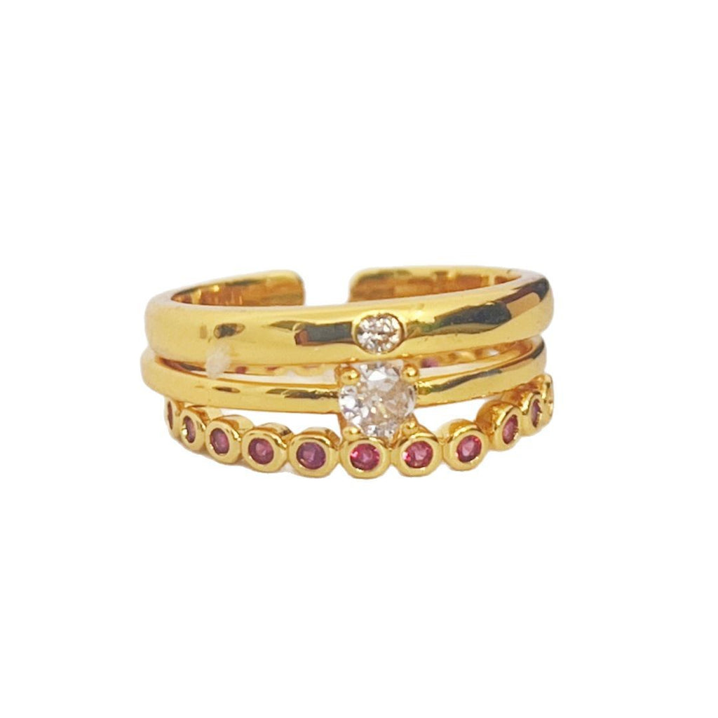 Fine Red Diamond Dot Gold Ring | Plain Band with Red Accent