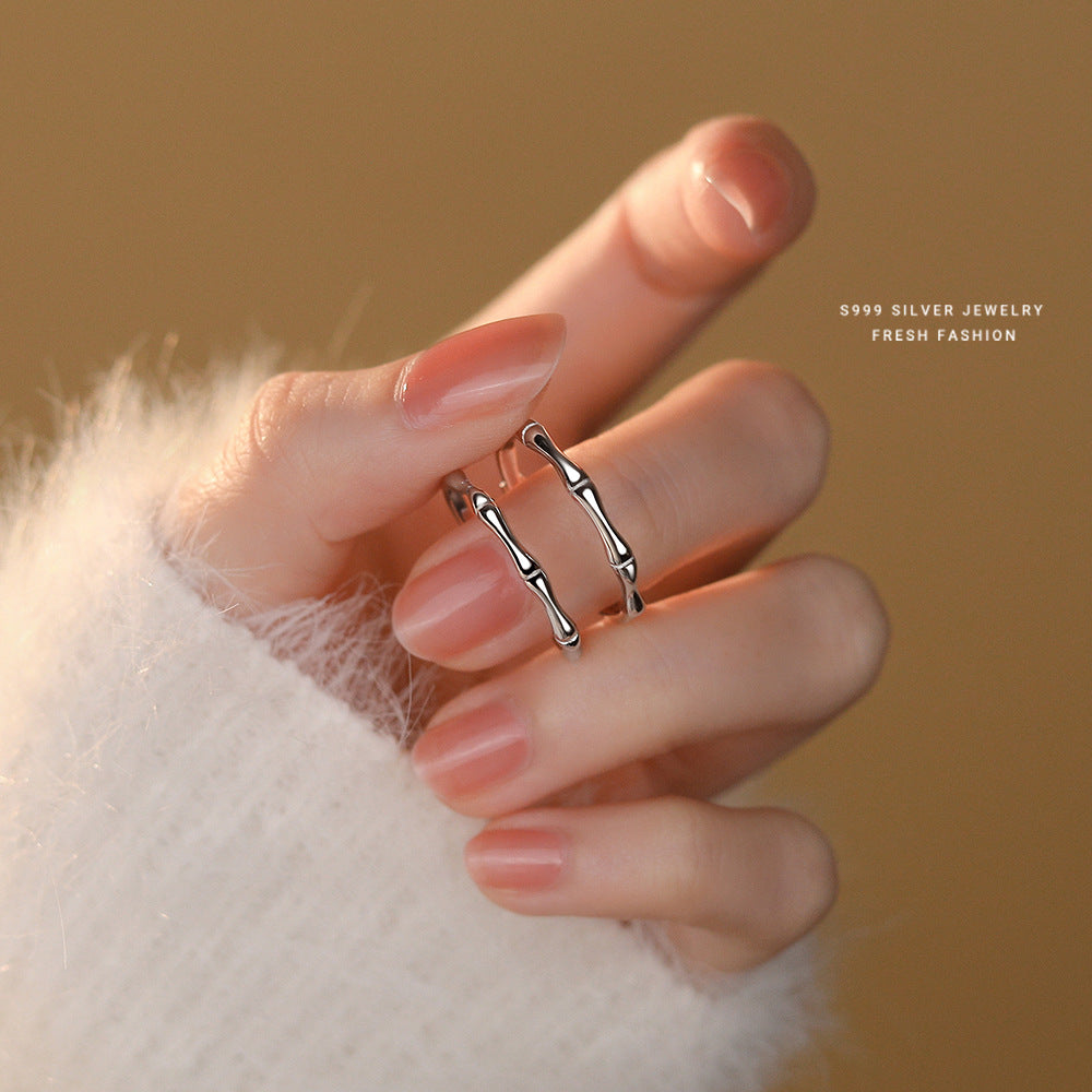 S999 Sterling Silver Bamboo Couple Rings | 2-Piece Adjustable Set