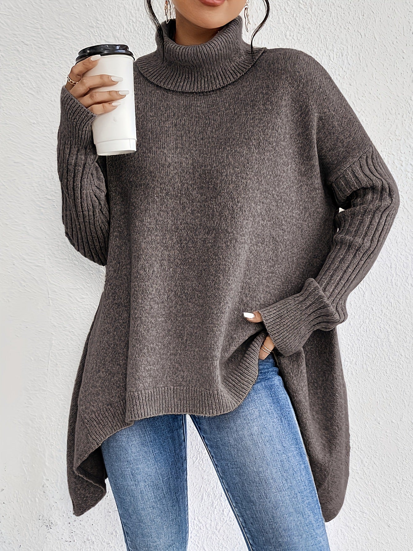 Irregular Turtleneck Sweater | Loose Knit Winter Pullover