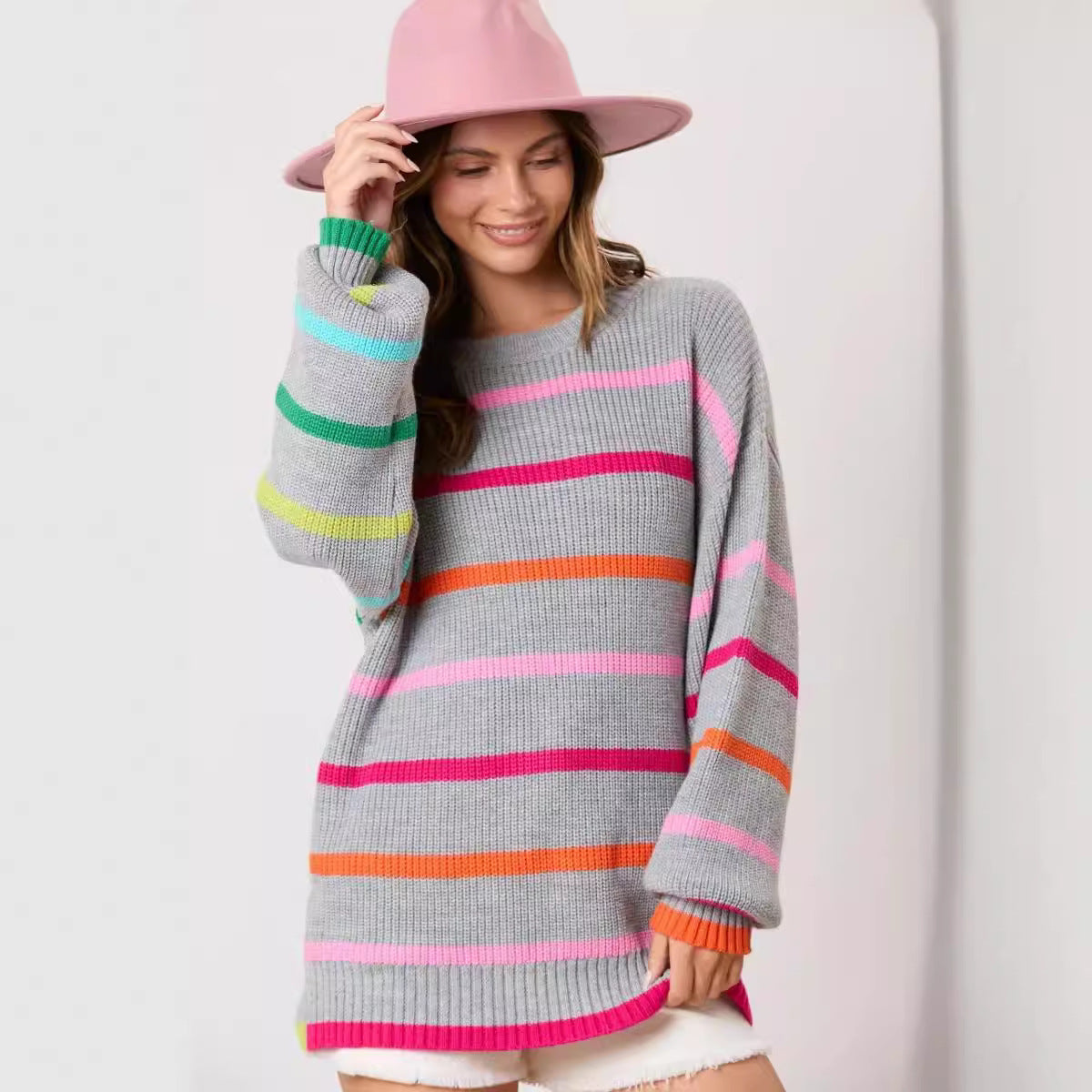 Contrast Stripe Round Neck Sweater | Long Sleeve Knit Top