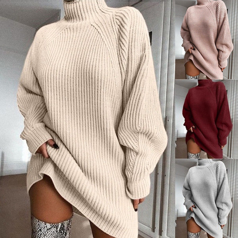 Solid Turtleneck Sweater Dress | Long Winter Warm Knit Dress