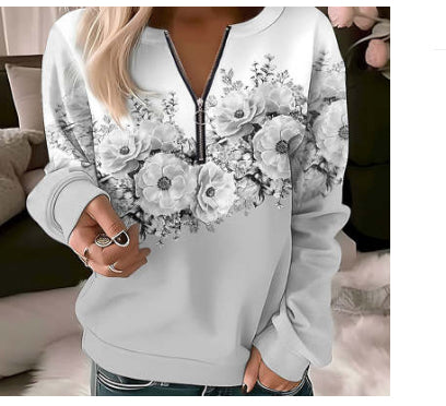 Women's Zipper Pullover Sweatshirt | Casual Printed Sweater