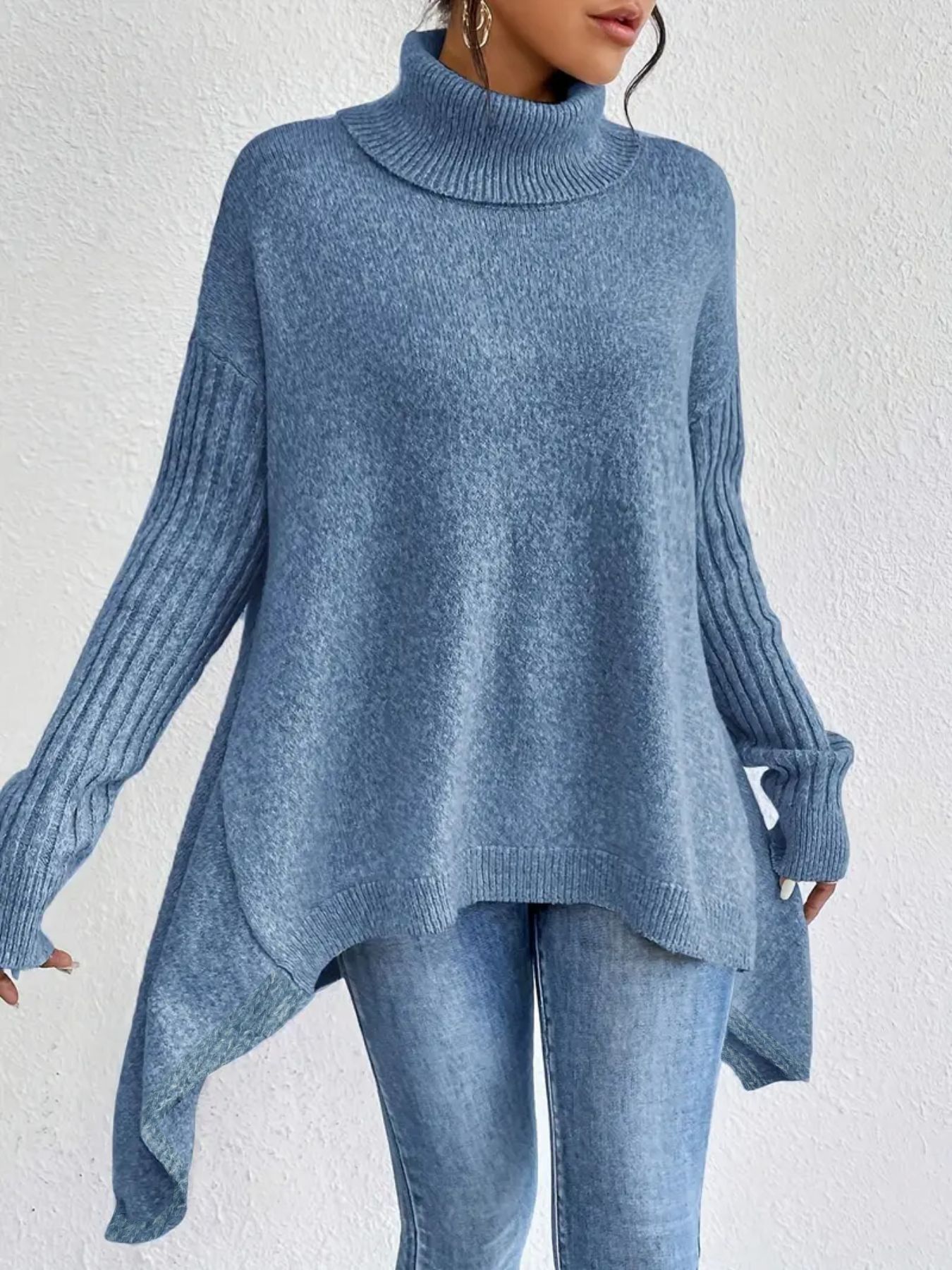 Irregular Turtleneck Sweater | Loose Knit Winter Pullover