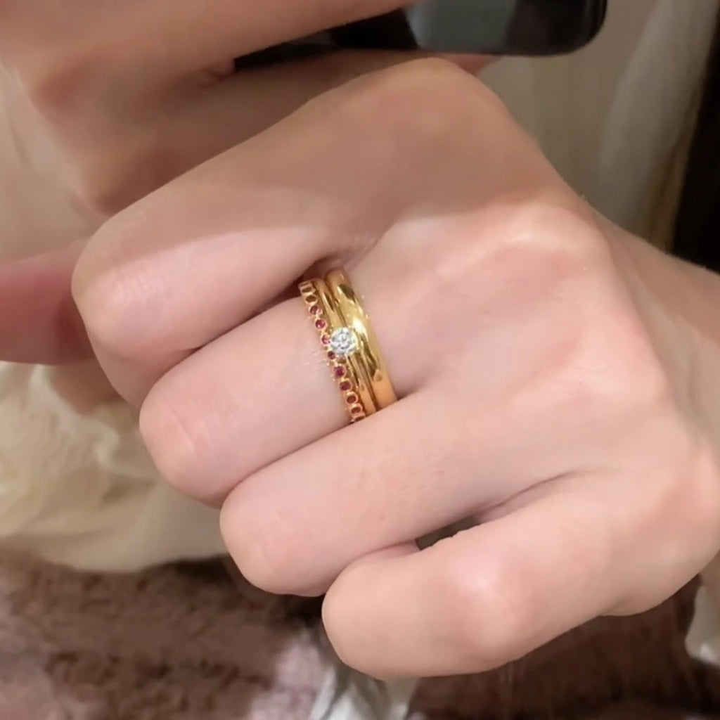 Fine Red Diamond Dot Gold Ring | Plain Band with Red Accent