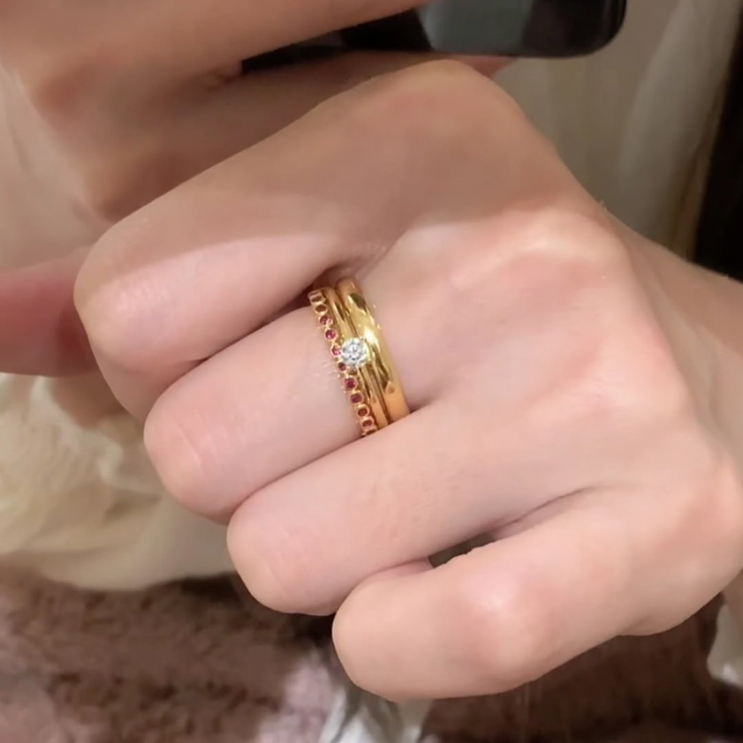 Fine Red Diamond Dot Gold Ring | Plain Band with Red Accent