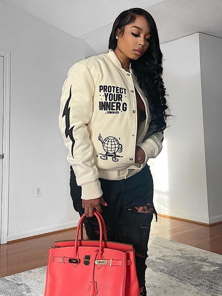 Women's Letter Print Casual Jacket | Trendy Streetwear