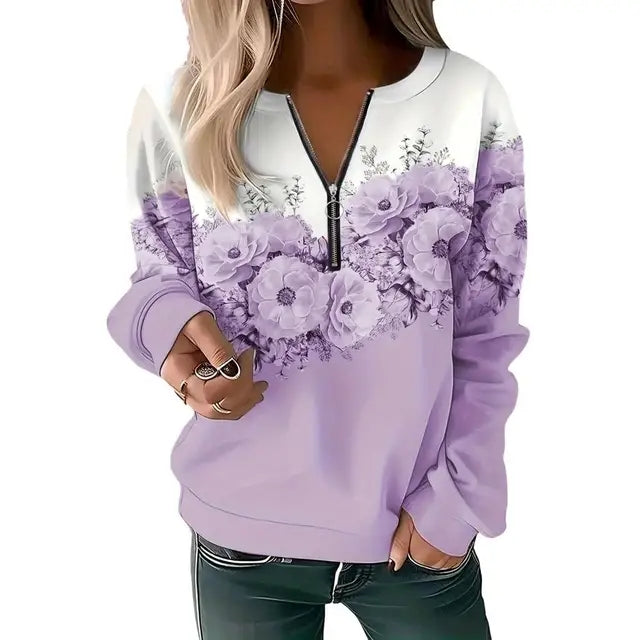 Women's Zipper Pullover Sweatshirt | Casual Printed Sweater