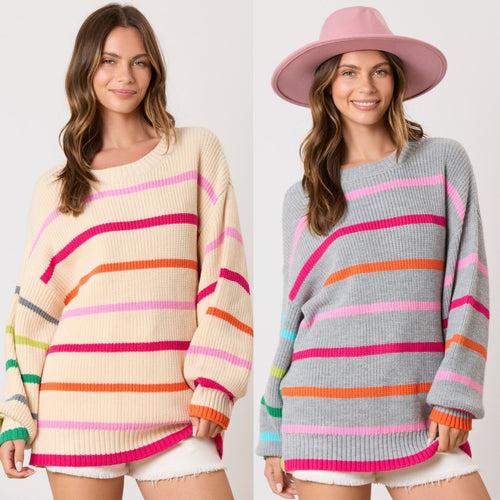 Contrast Stripe Round Neck Sweater | Long Sleeve Knit Top