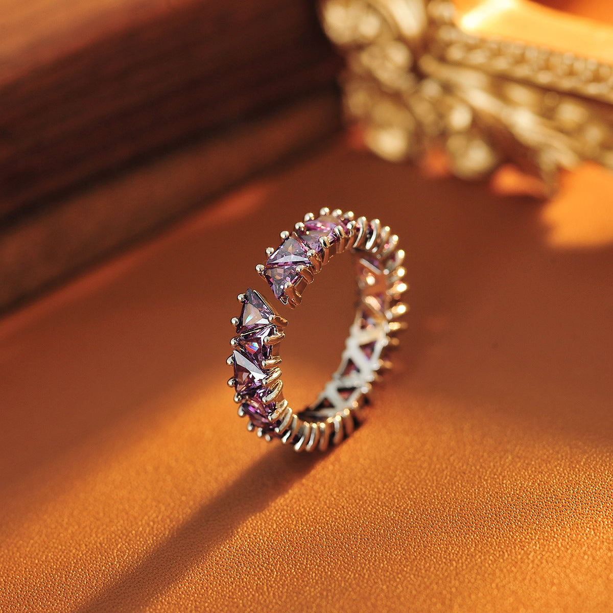 Purple Zircon Row Ring | Adjustable Open Ring for Women