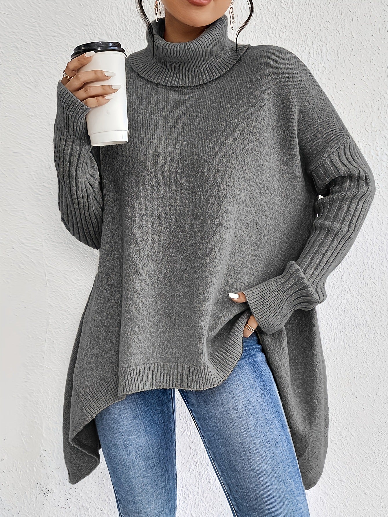 Irregular Turtleneck Sweater | Loose Knit Winter Pullover