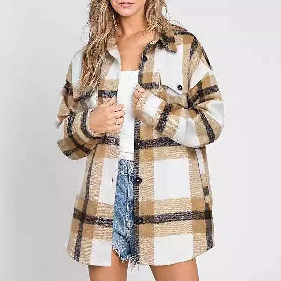 Women's Plaid Buckle Jacket | Long Sleeve Casual Coat