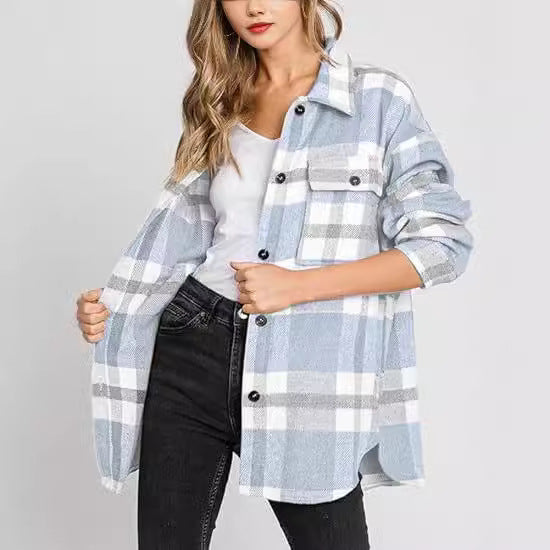 Women's Plaid Buckle Jacket | Long Sleeve Casual Coat