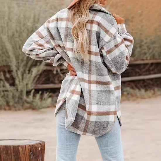 Women's Plaid Buckle Jacket | Long Sleeve Casual Coat