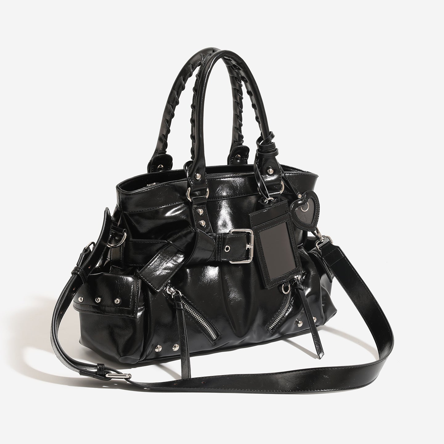 Black women's tote shoulder bag with rivet accents