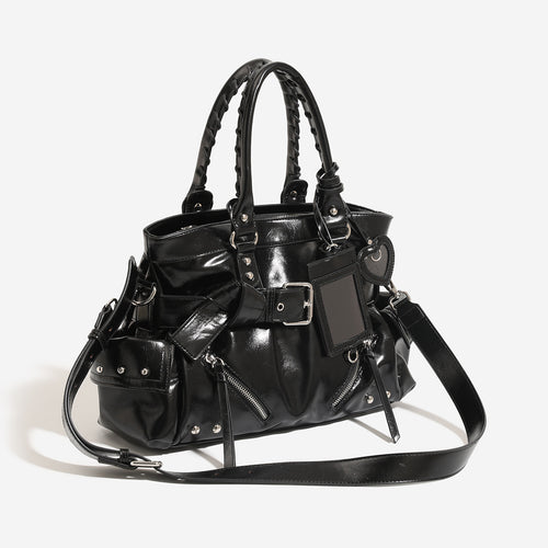 Black women's tote shoulder bag with rivet accents