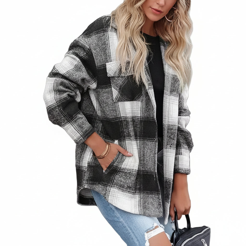 Women's Plaid Buckle Jacket | Long Sleeve Casual Coat
