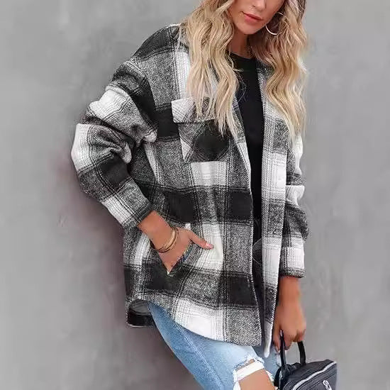 Women's Plaid Buckle Jacket | Long Sleeve Casual Coat