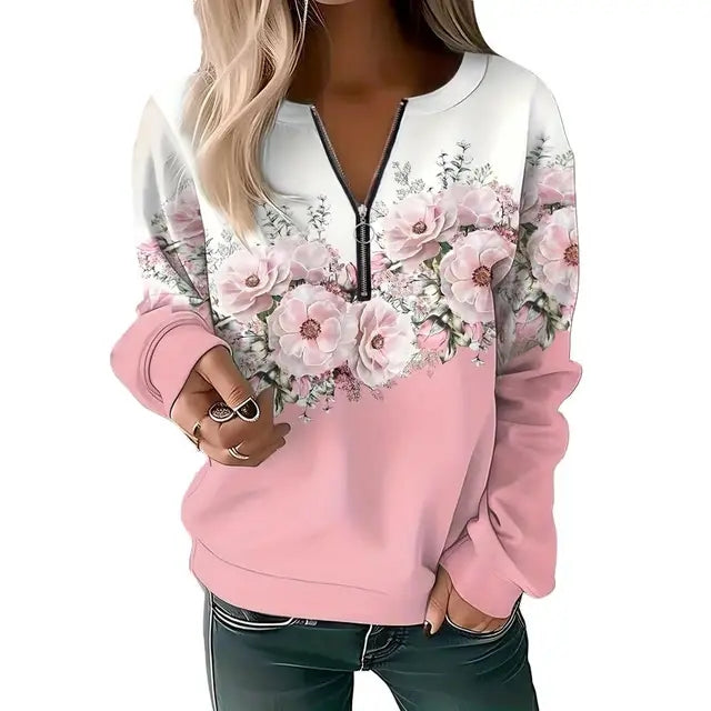 Women's Zipper Pullover Sweatshirt | Casual Printed Sweater