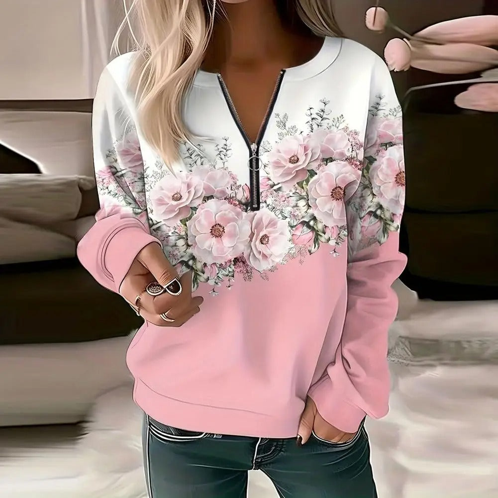 Women's Zipper Pullover Sweatshirt | Casual Printed Sweater