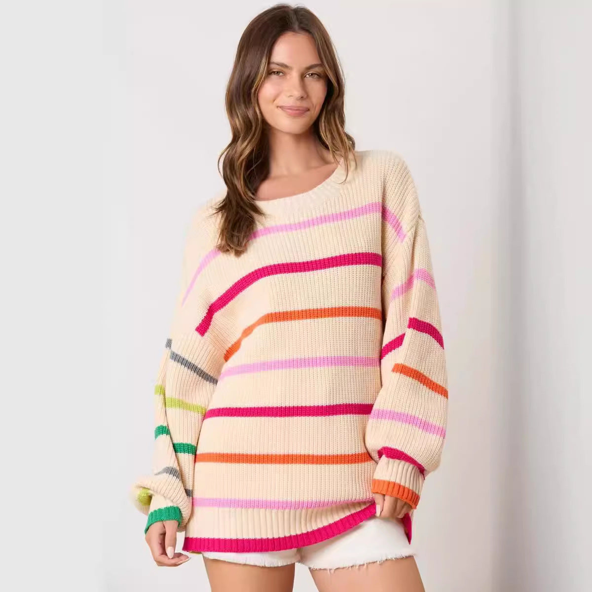 Contrast Stripe Round Neck Sweater | Long Sleeve Knit Top