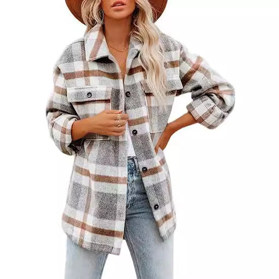 Women's Plaid Buckle Jacket | Long Sleeve Casual Coat