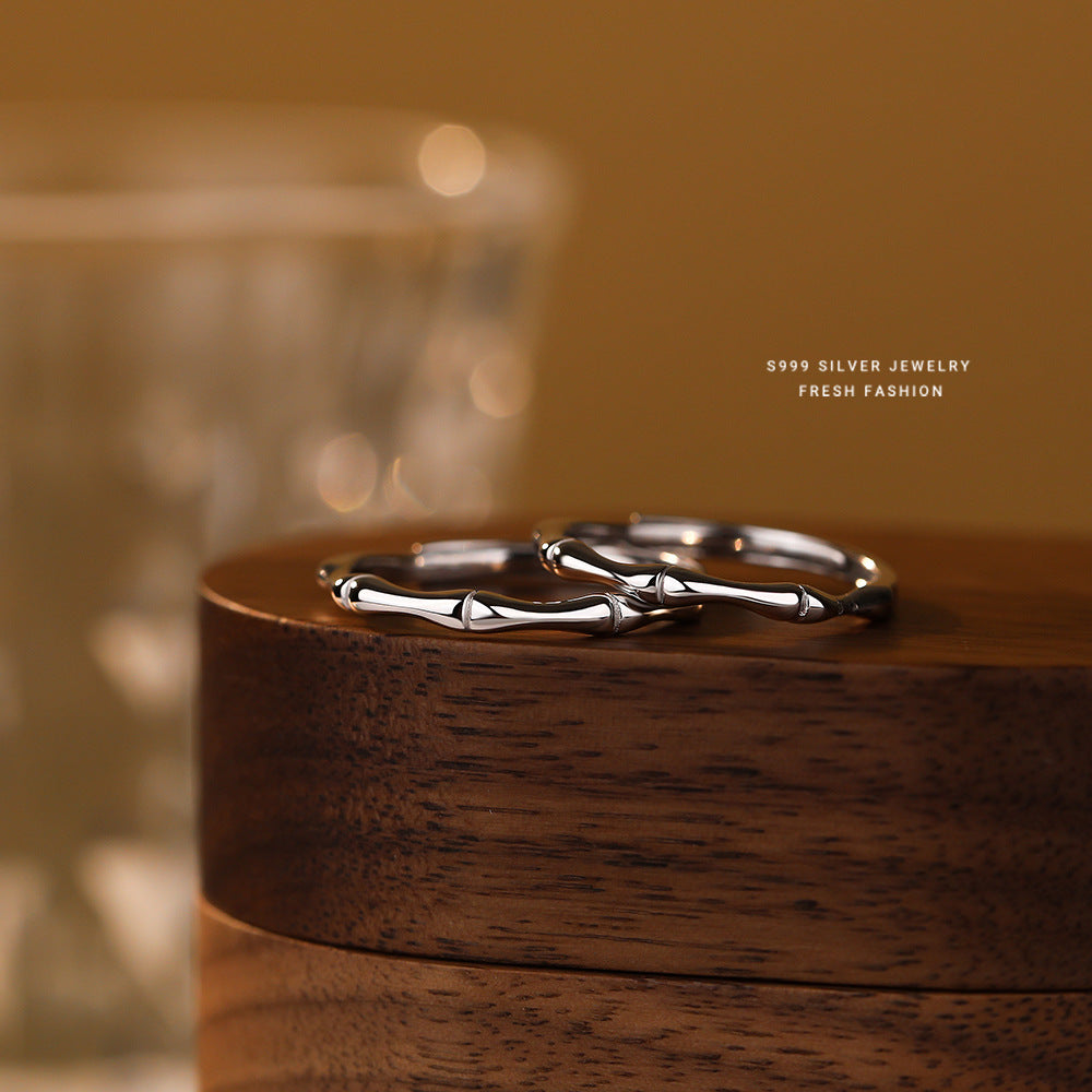 S999 Sterling Silver Bamboo Couple Rings | 2-Piece Adjustable Set