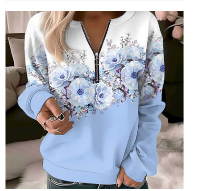 Women's Zipper Pullover Sweatshirt | Casual Printed Sweater