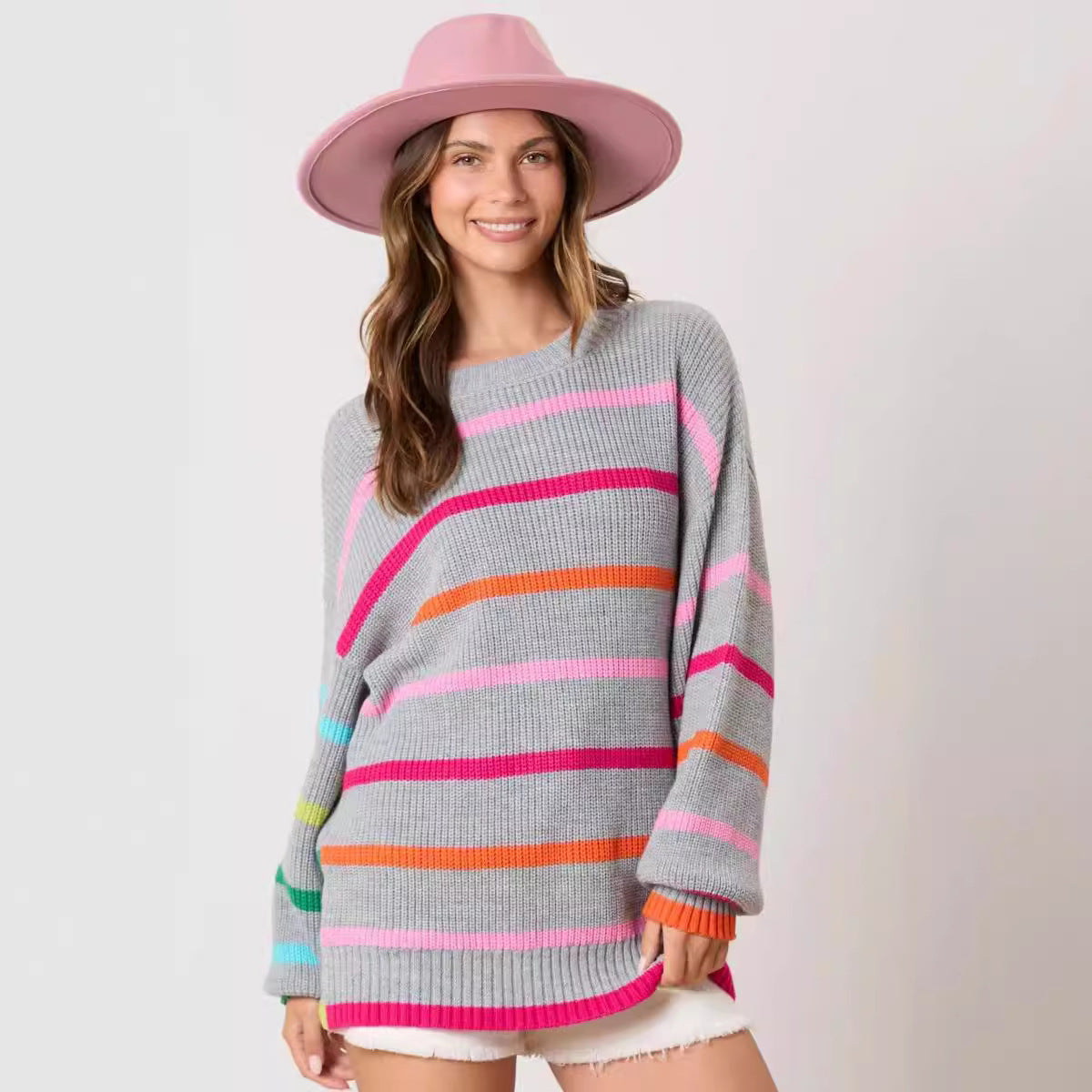 Contrast Stripe Round Neck Sweater | Long Sleeve Knit Top