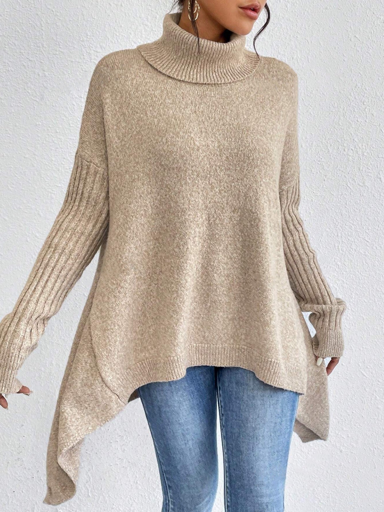 Irregular Turtleneck Sweater | Loose Knit Winter Pullover