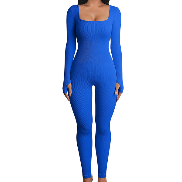 Square Collar Slim Jumpsuit | Threaded Detail Bodycon Fit
