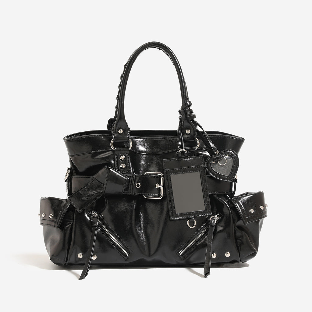 Black handbag with interior storage pocket